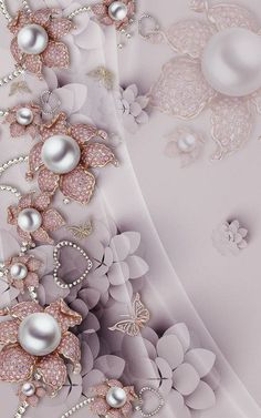 an abstract background with flowers and pearls on the bottom right hand corner, in shades of pink