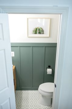 a white toilet sitting inside of a bathroom next to a green paneled wall and door