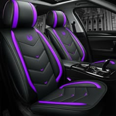 the interior of a car with purple and black leather seats, including an arm rest