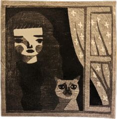 a drawing of a woman and a cat looking out the window at each other in black and white