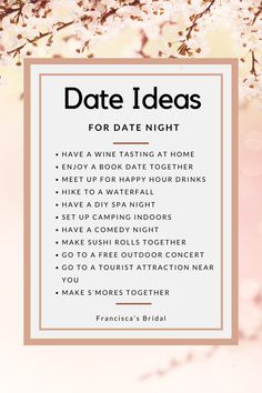 a pink and white photo with the words date ideas