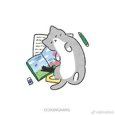 a drawing of a cat reading a book with a pencil in its mouth and an open book nearby