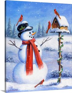 a painting of a snowman with two birds on it's head and one birdhouse in the background