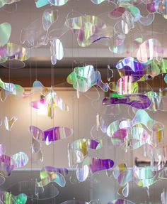 a group of glass objects hanging from the ceiling