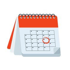 a red and white calendar with the date circled on it's side, next to an orange marker