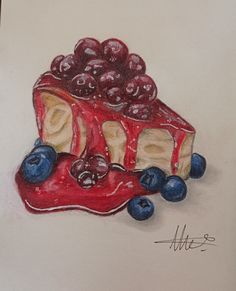 a drawing of a piece of cake with berries on top