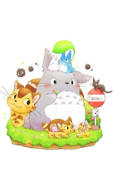 an image of a cartoon character with many cats and kittens around it in the grass