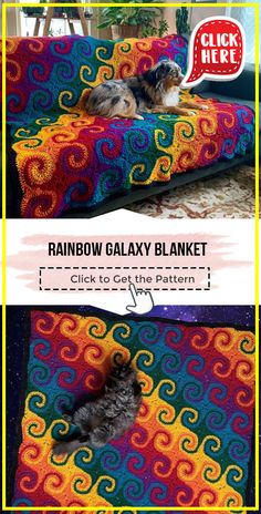 a cat laying on top of a colorful blanket next to a window with the caption rainbow galaxy blanket