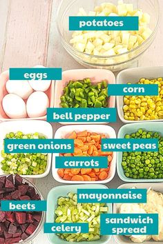 there are many different types of vegetables in the bowls on the table, including carrots, celery, bell pepper, green onions, and sweet peas