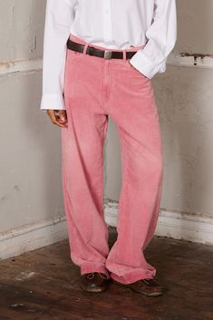 Mid-rise corduroy with a wide leg, relaxed fit, and 5-pocket design. Pink Corduroy, Wide Leg Pant, Denim Outfit, Pocket Design, Clothes For Sale, Wide Leg Pants, Mid Rise, Wide Leg, Relaxed Fit