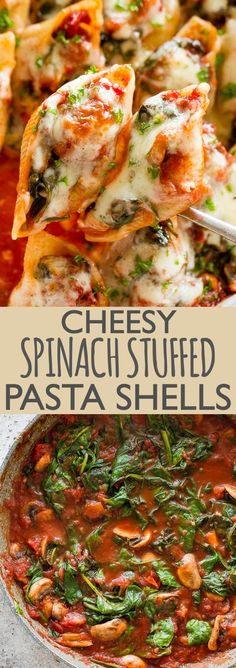 spinach stuffed pasta shells in a skillet with text overlay