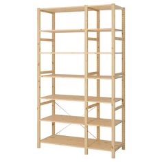 a wooden shelving unit with four shelves