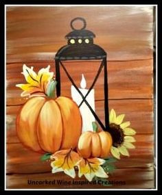 a painting of a lantern with sunflowers and pumpkins