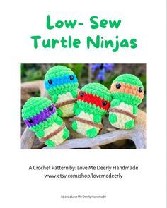 the crochet pattern for two little ninjas is shown in green, purple and orange