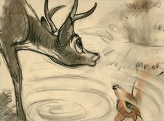 a pencil drawing of a deer and a bird in the water, with one eye open