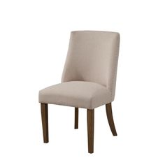 a beige upholstered chair with wooden legs and nail polishing on the back