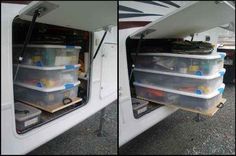 two pictures of the inside of a boat with plastic containers