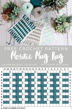 the free crochet pattern for mosaic mug rug is shown with yarn and succulents