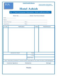 a hotel invoice form with the words hotel ashh on it and an image of