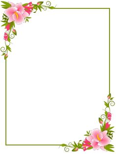 a square frame with pink flowers and green leaves on the edges, in front of a white background