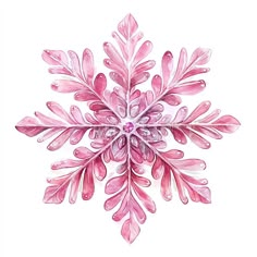 a watercolor drawing of a snowflake with pink leaves and drops on it