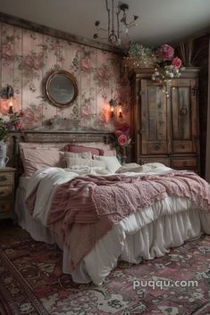 a bed sitting in a bedroom next to a dresser with flowers on top of it