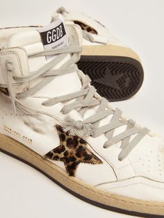 golden goose High-top Sneakers With Leather Sole, White High-top Sneakers With Leather Sole For Streetwear, Leather Street Style, Black Leo, Golden Family, Spring Sneakers, Exclusive Sneakers, Golden Goose Sneakers, Shoe Inspo