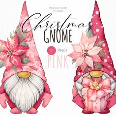 watercolor christmas gnomes with pink bows and poins