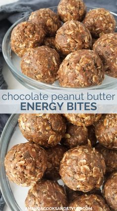 chocolate peanut butter energy bites are stacked on top of each other in two separate bowls