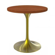 a round wooden table sitting on top of a metal base