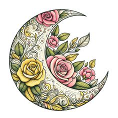 a drawing of a crescent with roses on it