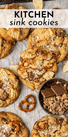 cookies, pretzels and crackers are on the table with text overlay that says kitchen sink cookies