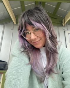 Halo Colour Hair, Black Hair With Lavender Money Piece, Shag With Peekaboo Color, Colour Block Fringe Hair, Split Dye With Highlights, Shag Peekaboo Hair, Colorblock Hair Purple, Shag With Color Block, Peekaboo Color Block Hair