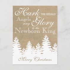 a christmas card with the words, merry christmas and trees on burlock paper