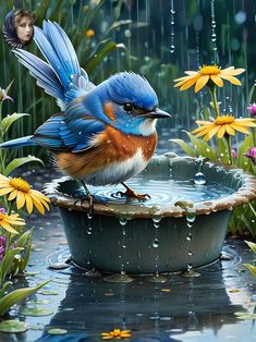 a painting of a blue bird drinking water from a bowl with yellow flowers in the background