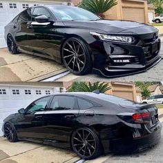 two pictures of a black car parked in front of a house