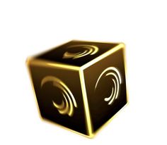 a shiny golden cube with speakers on it