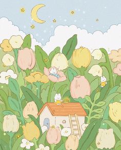 an illustration of a house in the middle of flowers with a ladder leading up to it