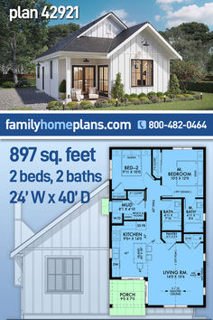 This small narrow lot farmhouse floor plan will bring a sense of idyllic charm to any setting. This plan features an open living area with vaulted ceiling, a dedicated mud room entry and covered porch. One-Story Style #HousePlan #42921 with 897 Square Feet of heated living space, 2 Bedrooms and 2 Bathrooms #Countryliving #smallhome #narrowhouse 900 Square Foot House Plans 2 Bedroom, 1000 Sqft House Plans 2 Bedroom, 2 Bed 2.5 Bath Floor Plan, 1100 Sq Ft House Plans 3 Bedroom, Two Bedroom House Plans Open Floor, 900 Sq Ft House Plans 3 Bedroom, 2 Bed 2 Bath House Plans, 2 Bedroom 2 Bath House Plans Open Floor, 1000 Sq Ft House Plans 2 Bed 2 Bath