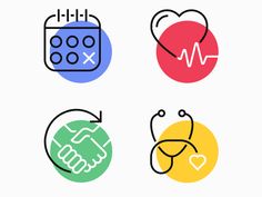 four medical icons with different colors and symbols in the middle one has a stethoscope