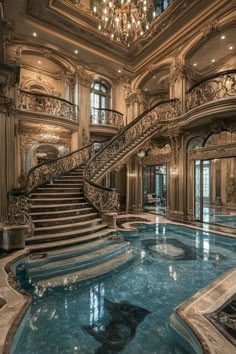 a large indoor swimming pool with stairs and chandelier