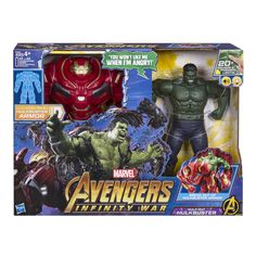 the avengers figure is in its box with an iron man and hulkman figurine