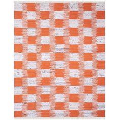 an orange and white checkered rug with fringes on the bottom, in different colors