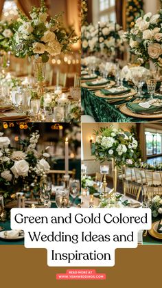 A beautifully decorated wedding venue featuring green and gold elements, including elegant floral arrangements, sophisticated table settings, and stylish attire, creating a unique and memorable celebration. Green Beige And Gold Wedding, Wedding Theme Ideas Emerald Green, Tan And Emerald Wedding, Green Gold Silver Wedding, Emerald Green And Gold Wedding Ideas, Forest Green And Gold Wedding Decor, Emerald Gold And White Wedding, Emerald Green Gold And Ivory Wedding, Green Table Decor Wedding