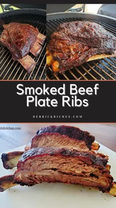 grilled beef on the grill with text overlay that reads smoked beef plate ribs