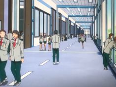 an anime scene with many people walking down the street