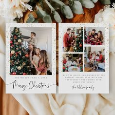 two christmas cards with photos of people around a christmas tree, surrounded by flowers and greenery