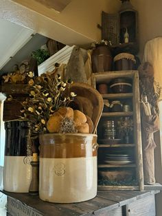 Crock Decor, Fall Mantle, Primitive Fall, Kitchen Living, Country Primitive, Hello Autumn, Primitive Decorating, Vintage Kitchen, Fall Decor