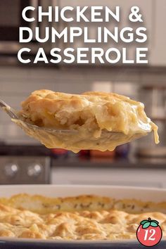 chicken and dumplings casserole on a spoon with the title overlaying it