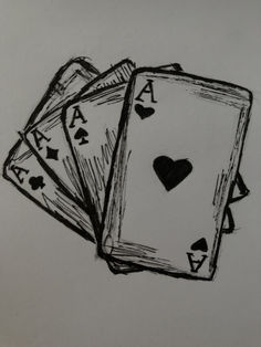 three playing cards with hearts and arrows drawn on them in black ink, sitting next to each other